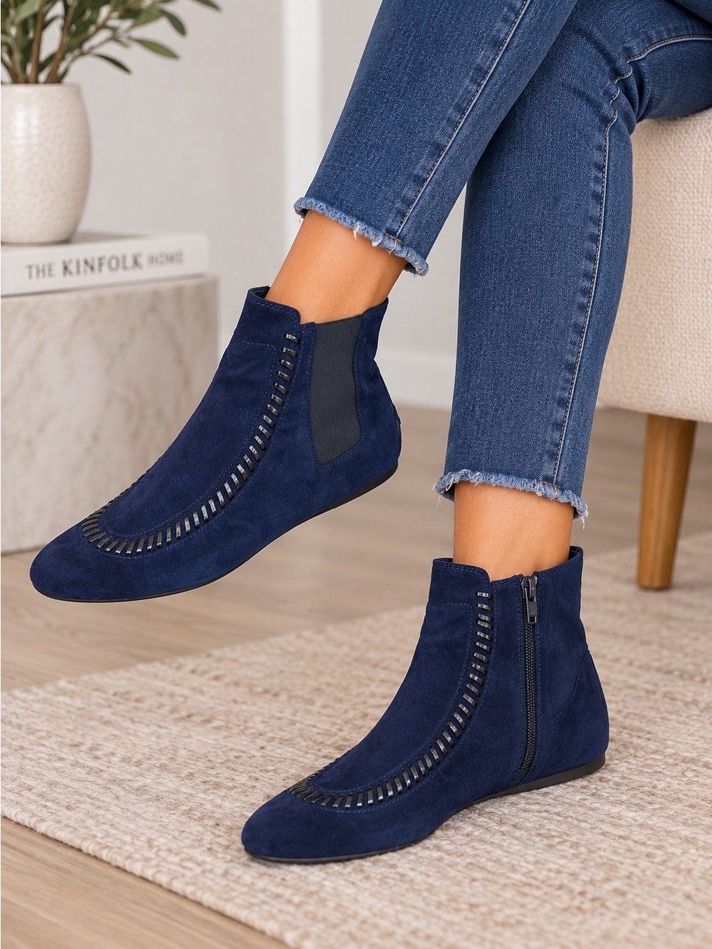Tod's Navy Suede Ankle Boots with Decorative Stitching